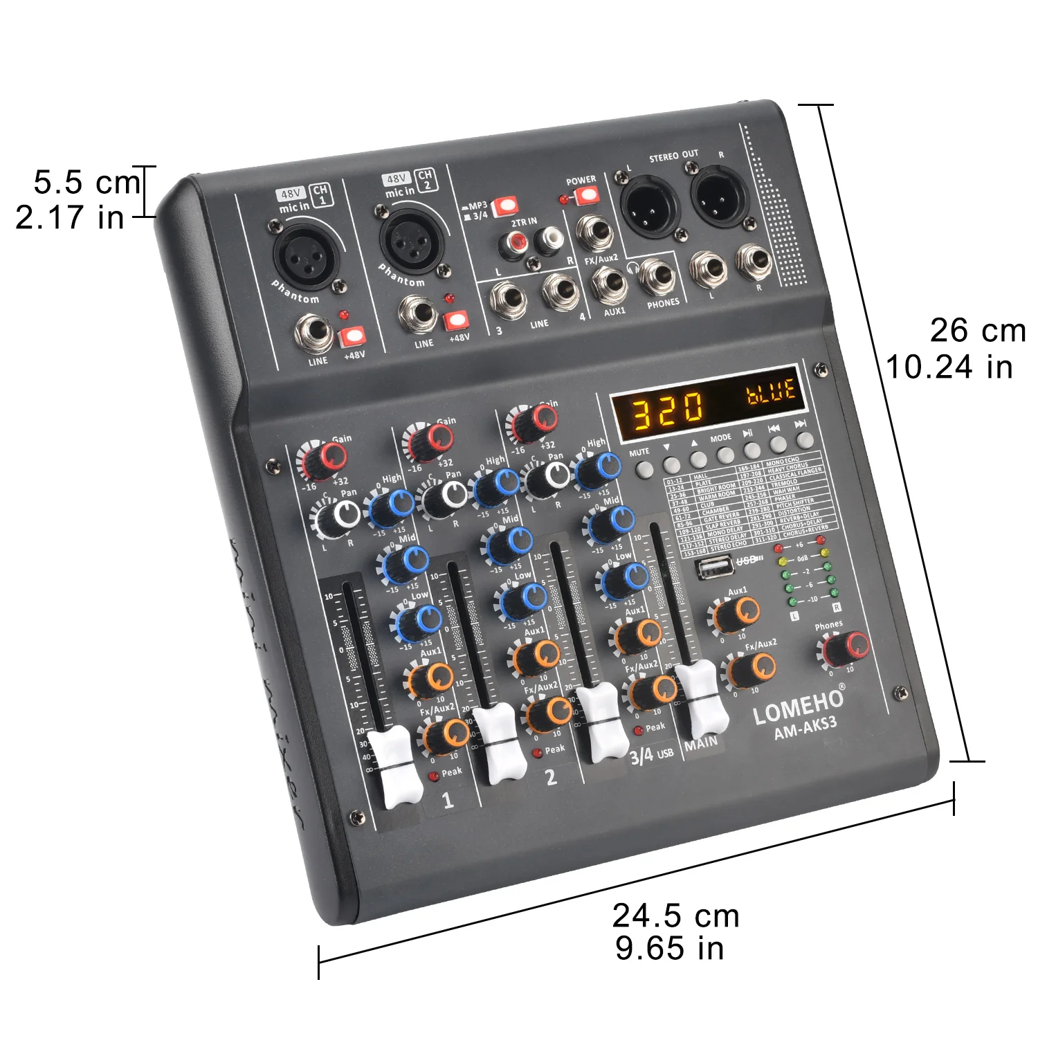 LOMEHO Mesa de consola de mezcla de sonido de 4 canales con 2 salidas AUX 320 DSP Efectos Mezclador de audio 48V Fantasma individual Bluetooth USB PC Juego de grabación para fiesta AM-AKS3