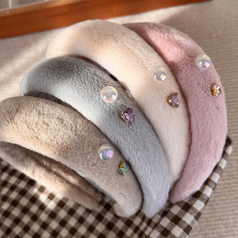 New Retro Pearl Rhinestone Plush Texture Sponge Thickened Headbands Simple Solid Color Hairbands Woman Fashion Elegant Hair Hoop