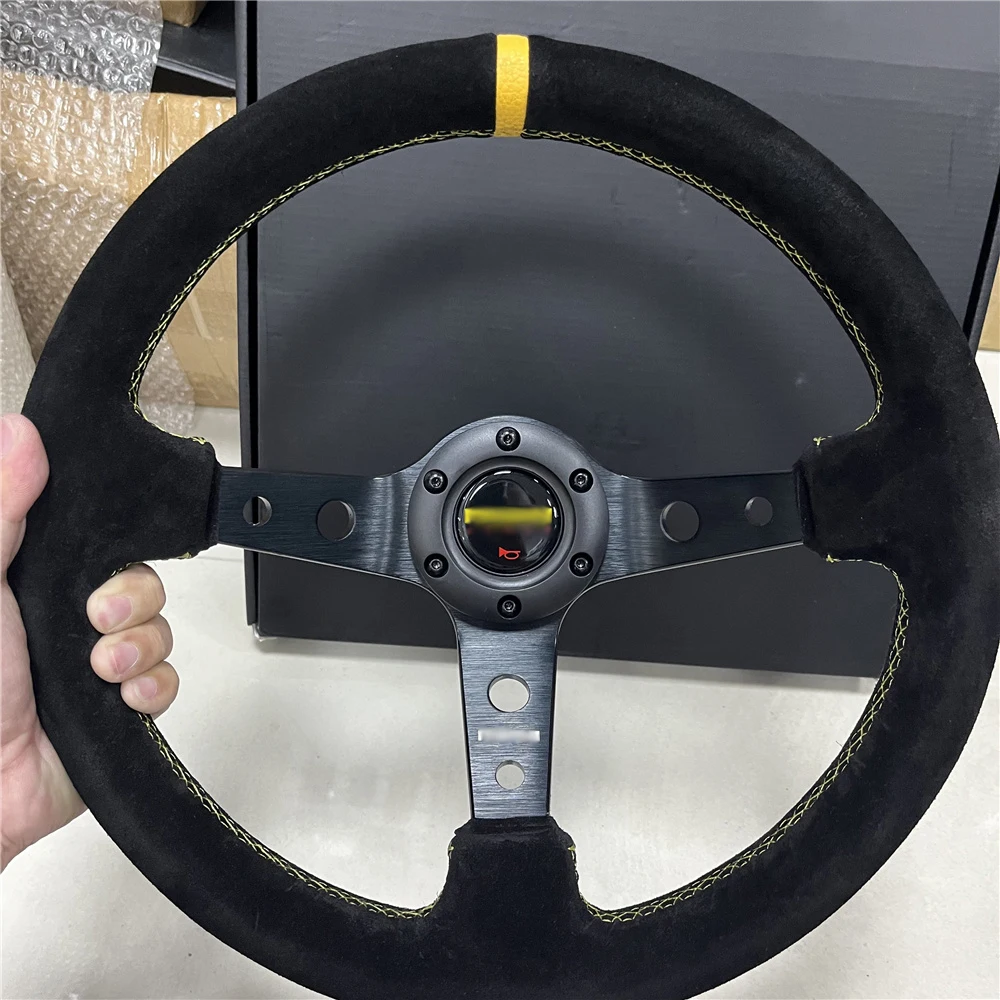 

MOMO 340mm 14' Suede Leather Deep Cone 90mm silver Stitch&Button yellow Stitch&Button Sport Steering Wheel