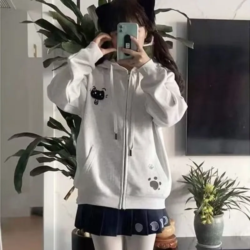 

Japanese Kawaii Cartoon Cat Print Hoodie Street Fashion Casual Loose Coat Ladies Subculture Grey All Match Hooded Sweatshirt
