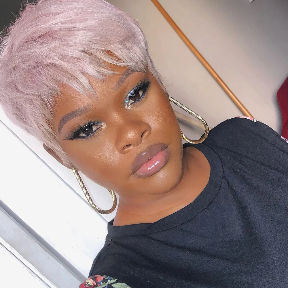 الوردي شعر بشري قصير الباروكات عابث قطع شعر مستعار آلة الشعر البرازيلي صنع للنساء قبل قطعها شعري مستقيم شعر مستعار تأثيري الطرف