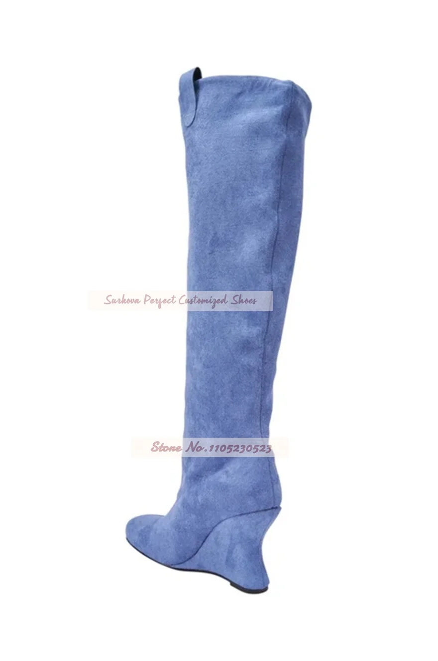 Slouchy Knee High Wedged Boots Blue Suede Round Toe Ruched Tall Boots Retro Fashion Party Dress Shoes Strange  Heel Footwear