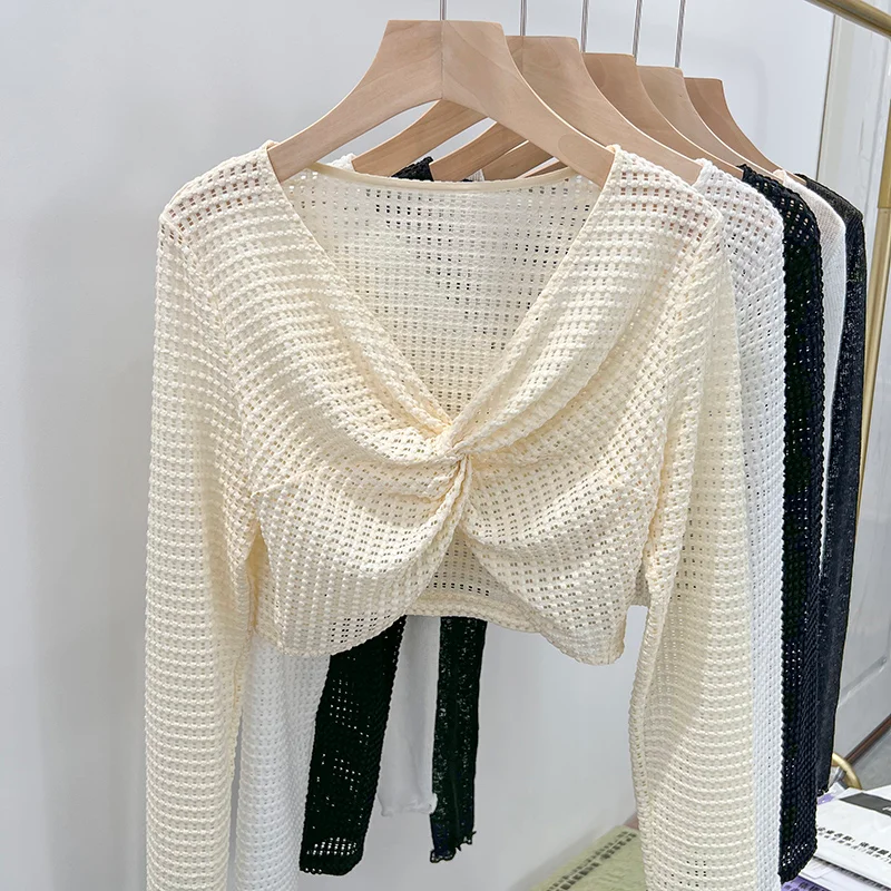 

Luxury Lace Cover Up - Elegant Bow Tie Long Sleeve Shrug, Sheer Cropped Blouse for Beach, Women's Hollow Out Layering Top