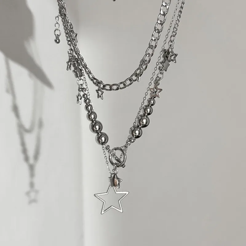 Women's Trendy Y2K Vintage Goth Star Pendant Necklace Multi Layered Simple Metal Chain Charm Statement Jewelry Gift