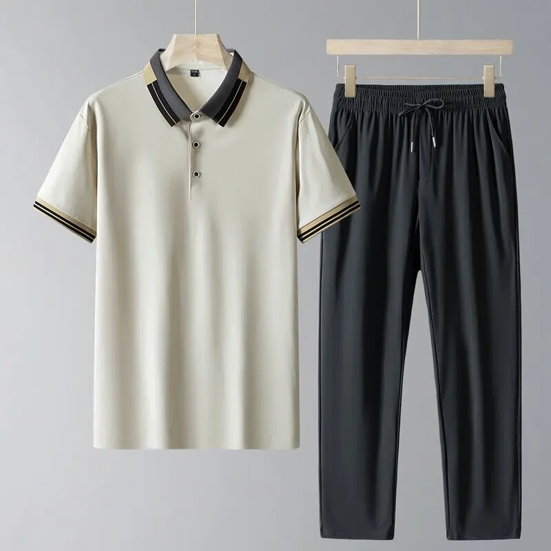 

New Summer Fashion Trendy Ice Silk Breathable Short Sleeve Polo Shirt Sports Set Men's Casual Loose Plus Size Two-Piece Set