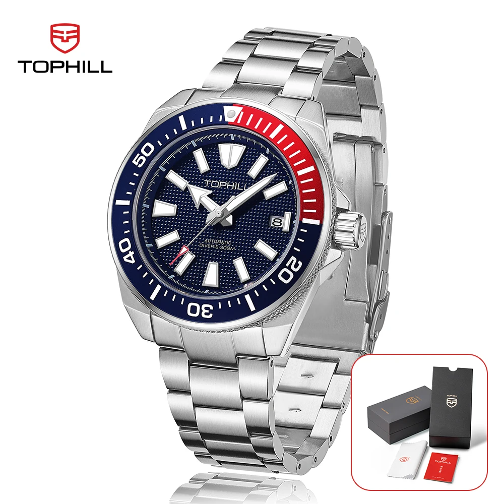 TOPHILL 300 متر الغوص ساعة هدية C3 مضيئة التقويم الياقوت الزجاج 43.5 مللي متر الرجال 30Bar عميق مقاوم للماء NH35 ساعات المعصم التلقائية