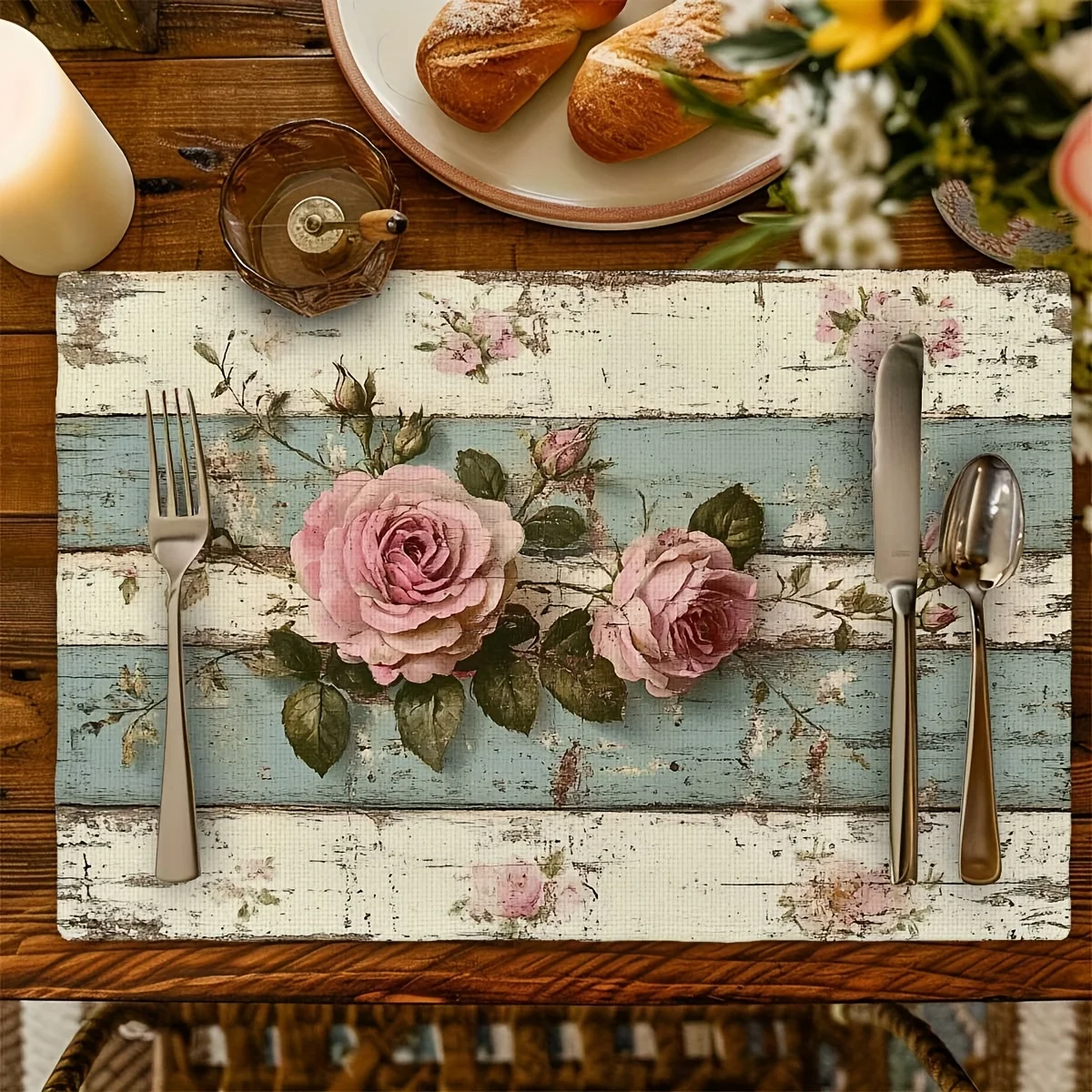 VIKAM 4/6/8/10pcs Vintage Rose Print Table Mat Easy-to-Clean Dining Table Protective Pad Kitchen Restaurant Placemat Decoration