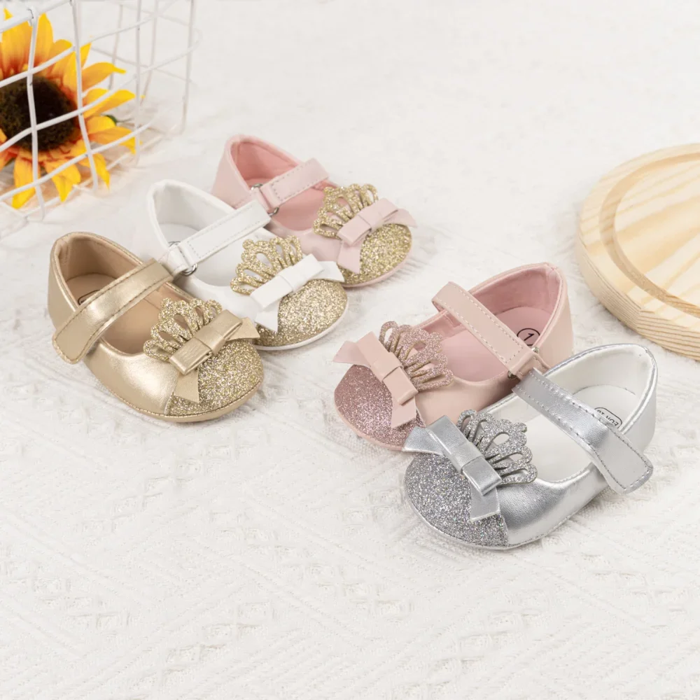 Spring Autumn New Crown Sequins Baby Soft Bottom Princess Shoes Anti-slip Rubber Bottom Comfortable Baby Walking Shoes 0-18M