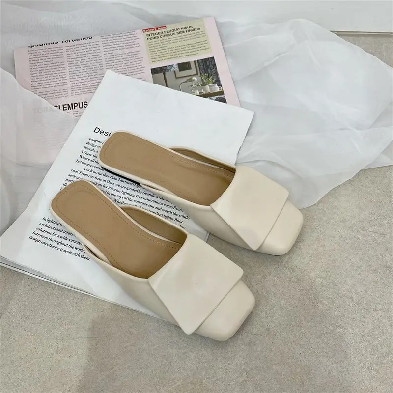 Woman Slippers Leather Shoes for Women 2023 Low Heel Sandals Rubber Summer Mules Slides Off White Job W Trend B Shoe New Fashion