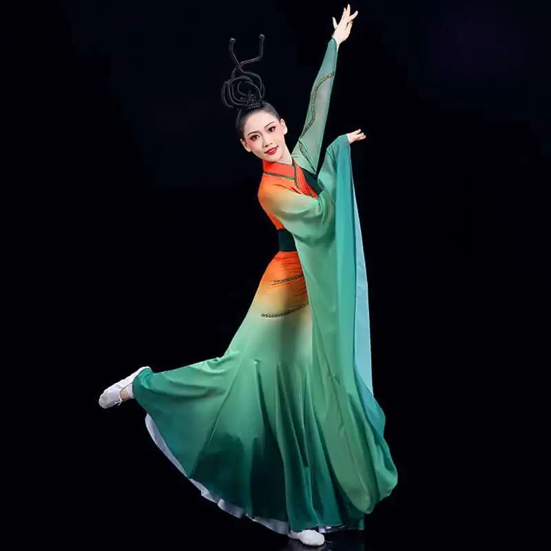 زي رقص الأغنية البرتقالية من Qu Yuan بأكمام واسعة، تنورة خالدة متدفقة، هانفو القديمة، دراما الرقص الكلاسيكي هان تانغ