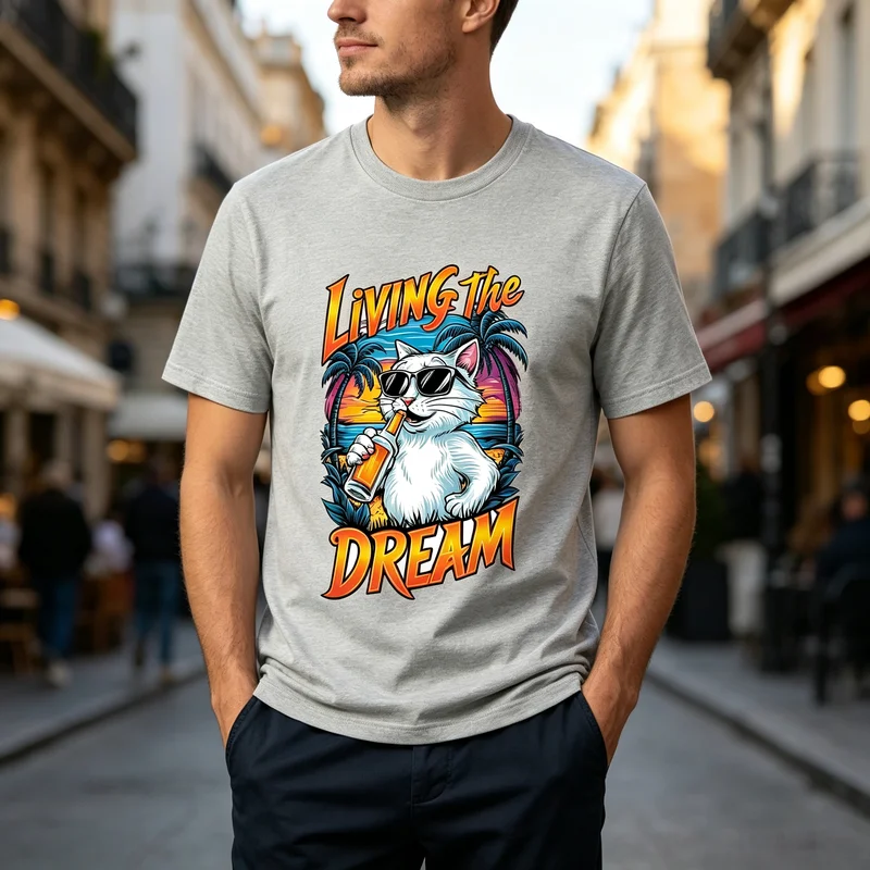Living The Dream Cat Sunglasses Graphic T-Shirt Summer Vacation Green Cotton Casual Streetwear Top for Men Women Military Green
