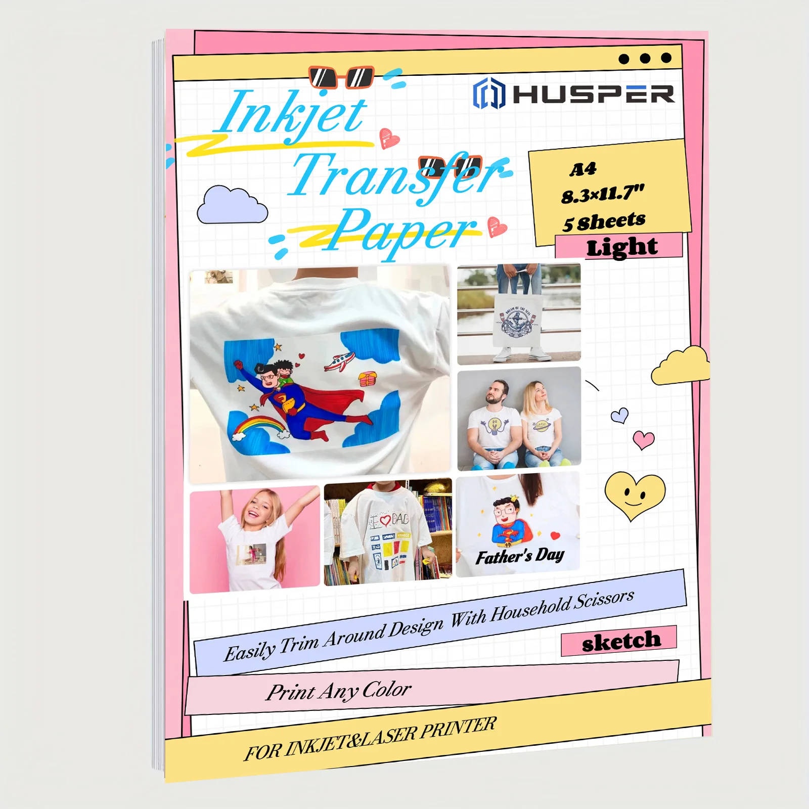 HUSPER A4 Size 5 Sheets Thermal Transfer Vinyl T-shirt Ironing Transfer Paper for Lightweight Fabrics Inkjet and Laser Printer