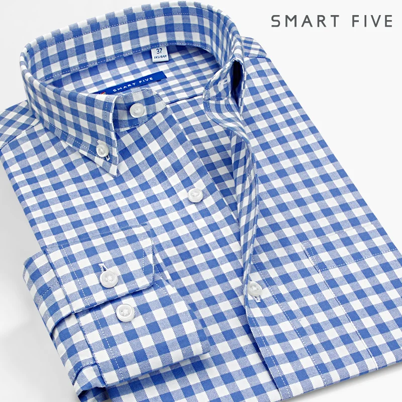 Smart Five Men Shirt Long Sleeve Cotton Plaid Man Shirts Business Office Shirts Camisa Masculina Social Slim Fit Big Size 45 46