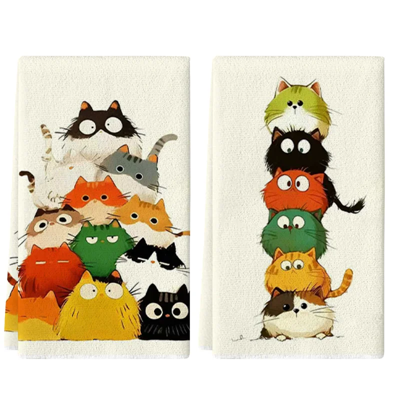 2Pcs, Cute Colorful Stacked Cat Kitchen Towels, 40Cm*60Cm Towel Set, Super Absorbent Soft Cleaning Cloth, Cooking and Baking Tea Towel, Hand Towel, Cleaning Cloth, Dishcloth, Kitchen Decoration, Living Room Decoration, Kitchen Essentials, Home Essentials
