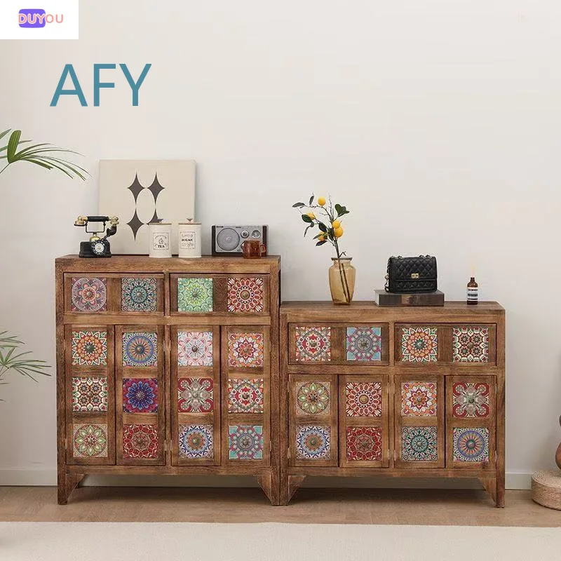 Solid Wood Vintage Chest of Drawers for Living Room Storage Cabinet for Home Use with Hand Painted Design for Entryway