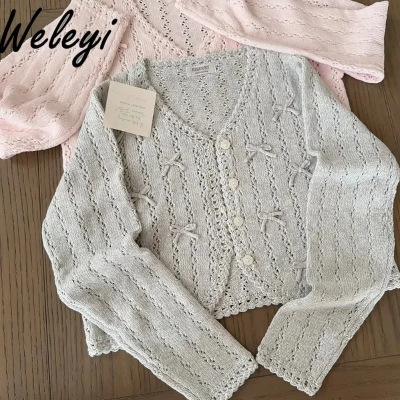 Śliczny Różowy Kardigan Ręcznie Robiony Hooked Edg Bow Jesień 2024 New Lolita Sweet Hollow Out Knit Jumpers Krótkie Dzianinowe Kardigany Feminina