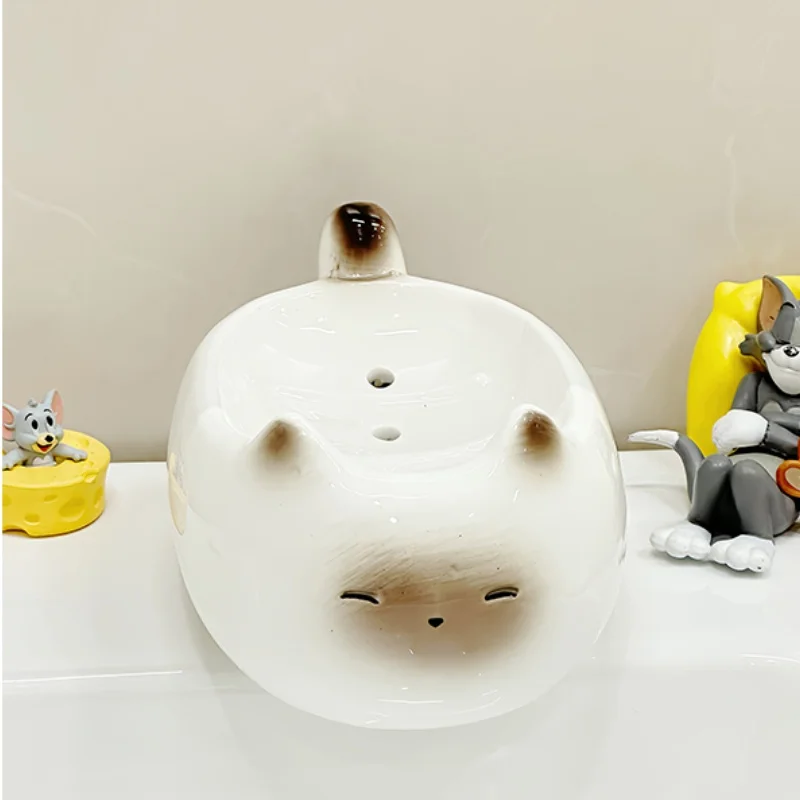 WHYOU Cute Cat Ceramic Soap Dish Holder Drain Portable Home Bathroom Hotel Soap Box Tray Bathroom Accessories Crafts Gift