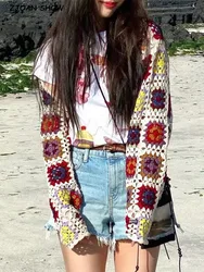 BOHO Lacing up Colored Striped Hand Crochet Cardigan Women Bandage Scarf Shawl Sweater Beach Cover Tops