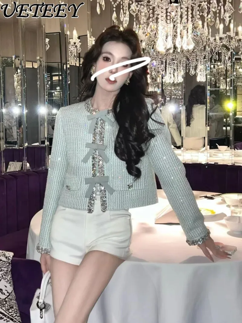 

Шерстяное короткое пальто с узлом-бабочкой и стразами, весенне-осеннее новое элегантное женское универсальное легкое роскошное пальто с круглым вырезом и бисером