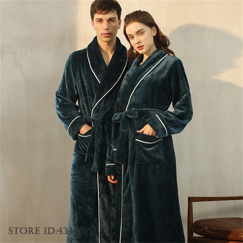 Oversize Thicken Flannel Men's Long Robe Home Wear Winter New Couple Sleepwear Kimono Bathrobe Gown Loose Coral Fleece Nightwear