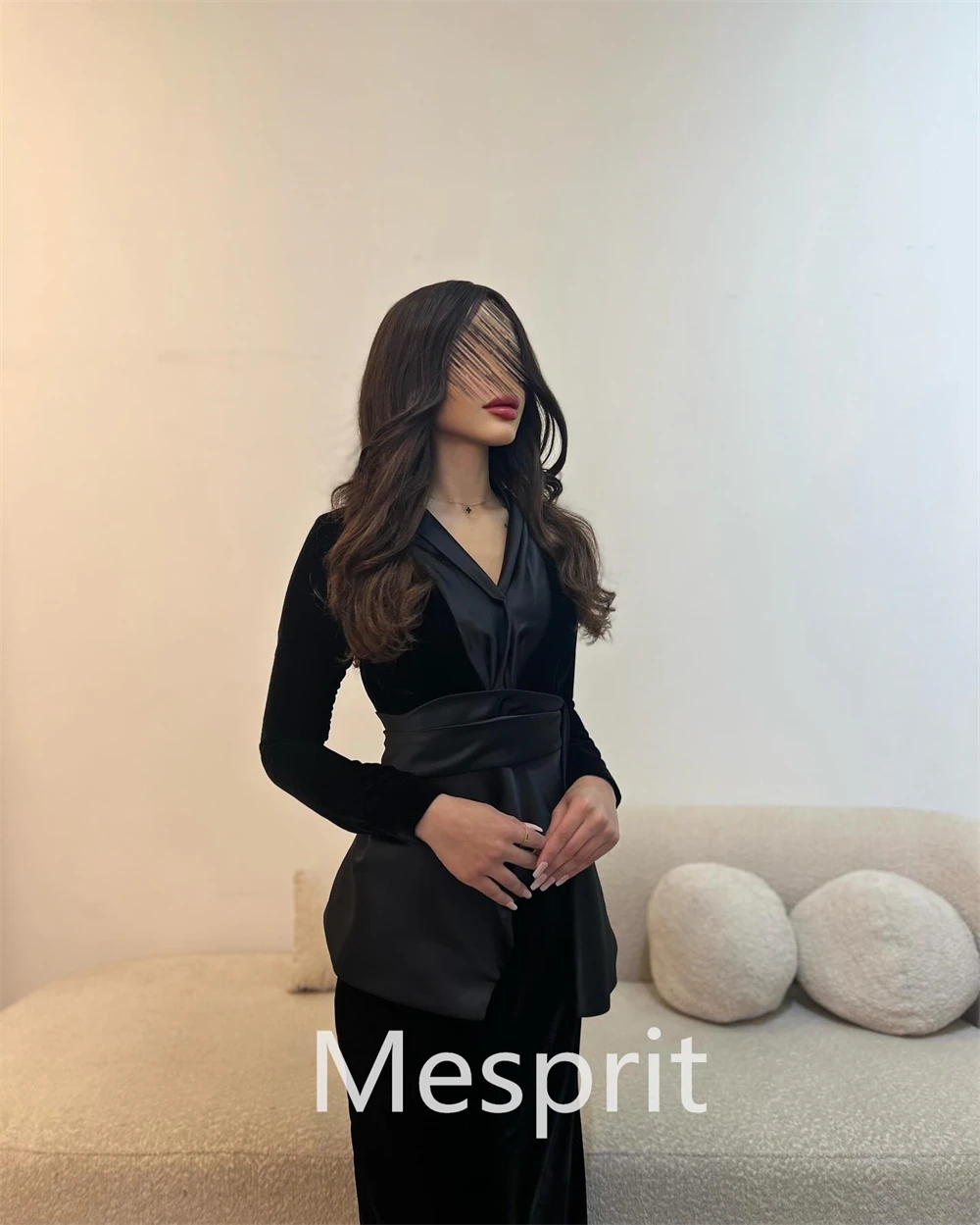 Mesprit-vestido de noche con cuello en V, prenda de satén con pliegues, a la moda, exquisito, personalizado