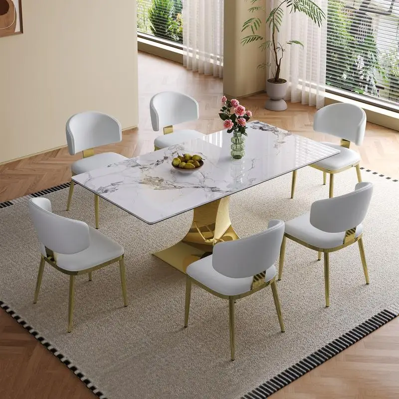 

71-Inch Rectangular Dining Table for 6 with Gold-Plated Hourglass Base and 6 Grey Leather Chairs, Modern Design for Dining