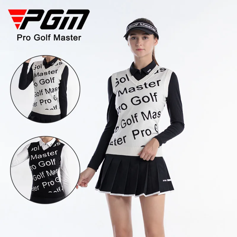 

PGM Autumn Women V-neck Knitted Golf Vest Lady Letter Printed Tops Fleece Sleeveless Shirt Winter Windproof Warm Golf Waistcoat