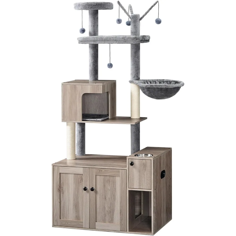 

Cat Tree with Litter Box Enclosure, 68.9" H Cat Tower with Food Bowl and Storage, Hidden Litter Enclosure Furniture,
