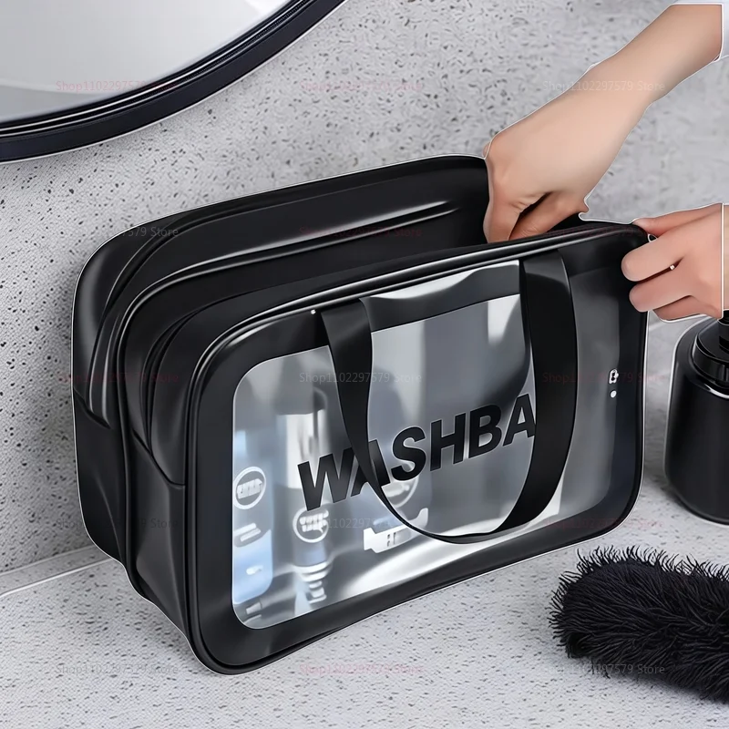 حقيبة مكياج شفافة من البولي يوريثان بطبقة مزدوجة مقاومة للماء وفصل جاف ورطب لتخزين مستحضرات التجميل المحمولة للسفر والصالة الرياضية والسباحة