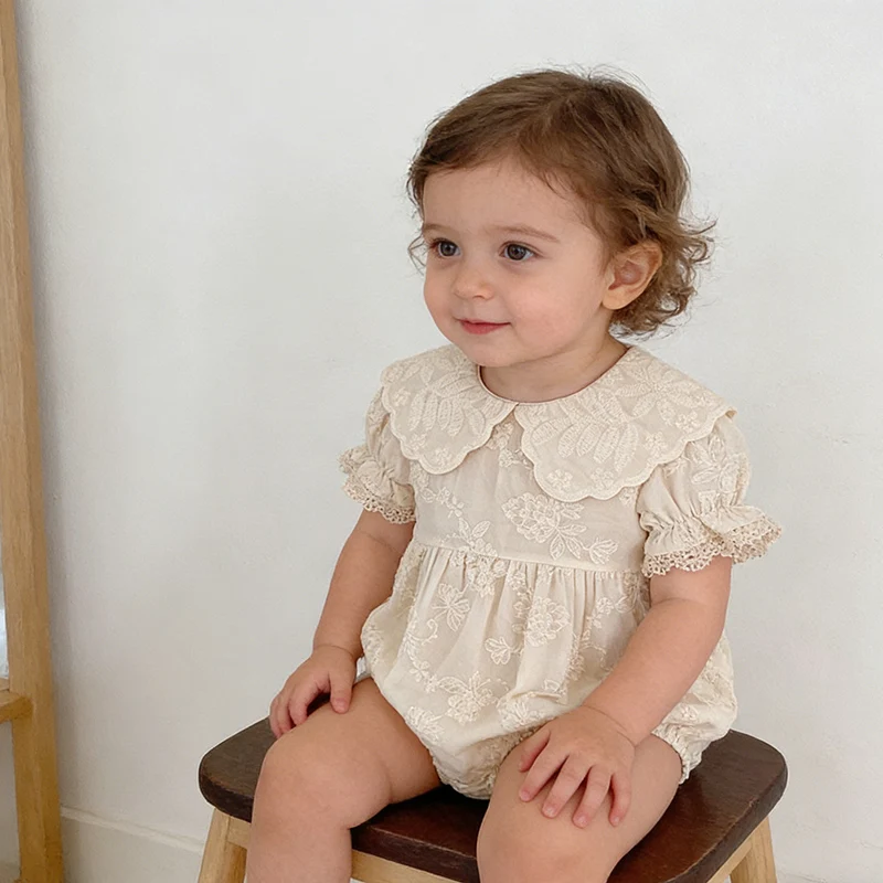 

2026 New Summer Newborn Baby Girl Romper Short Sleeved Cotton Embroidery Korean Style Climbing Suit 0-24M Children Clothes