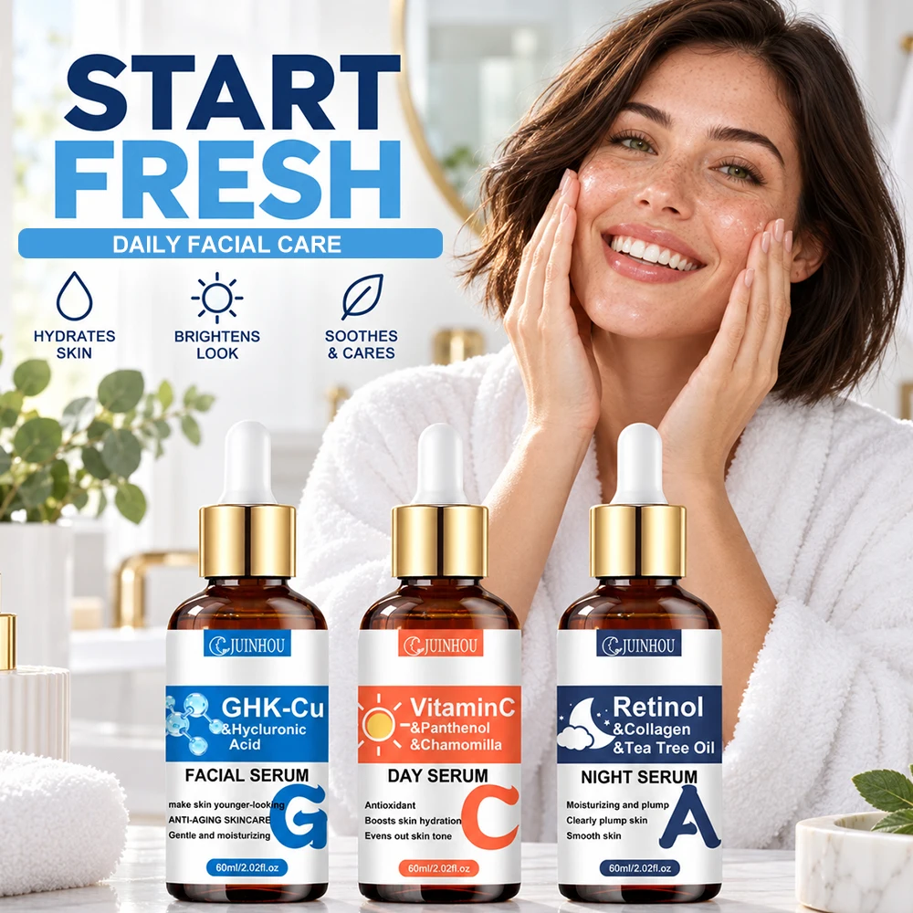 JUINHOU Face Serum Set 3Pcs Vitamin C Retinol Copper Peptide Anti Aging Brightening Hydrating For Glowing Skin Daily Face Care