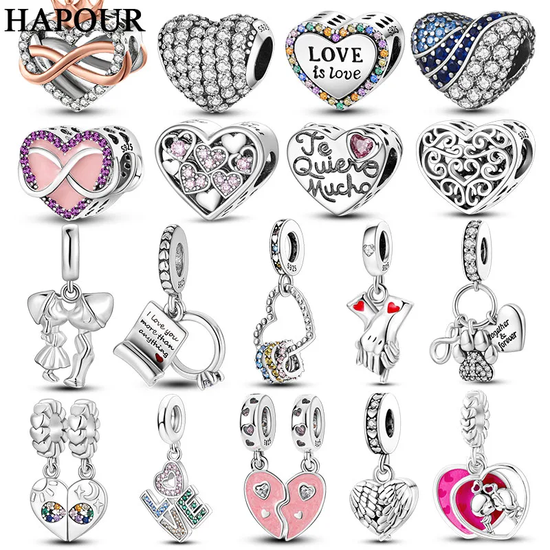 HAPOUR Charms 925 Silver Heart Serie Zircon Beads Pendant Fit Original Bracelet Necklace DIY For Lover Dangel Charms