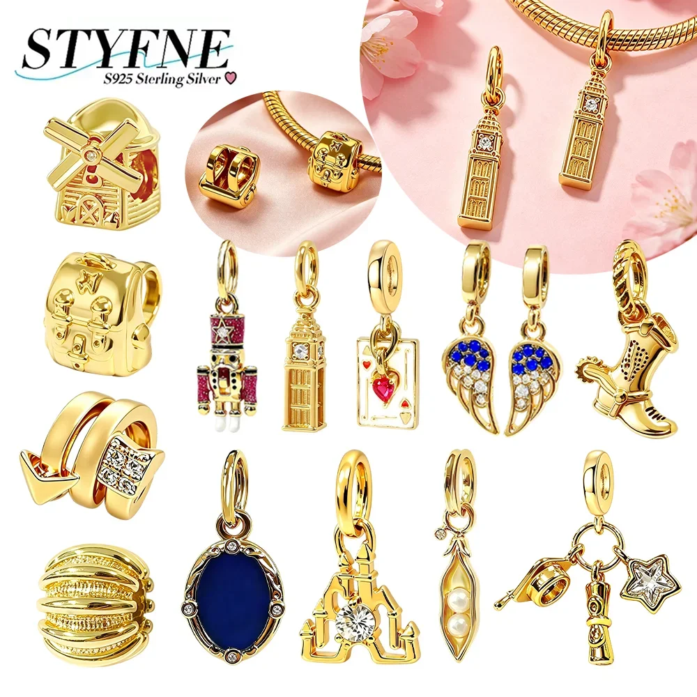 Abalorios de Plata de Ley 925 Bañados en Oro con Diseño de Reloj Big Ben, Compatibles con Pulseras Originales, Bolsos, Llaveros, Colgantes, Joyería DIY para Mujer, Regalo