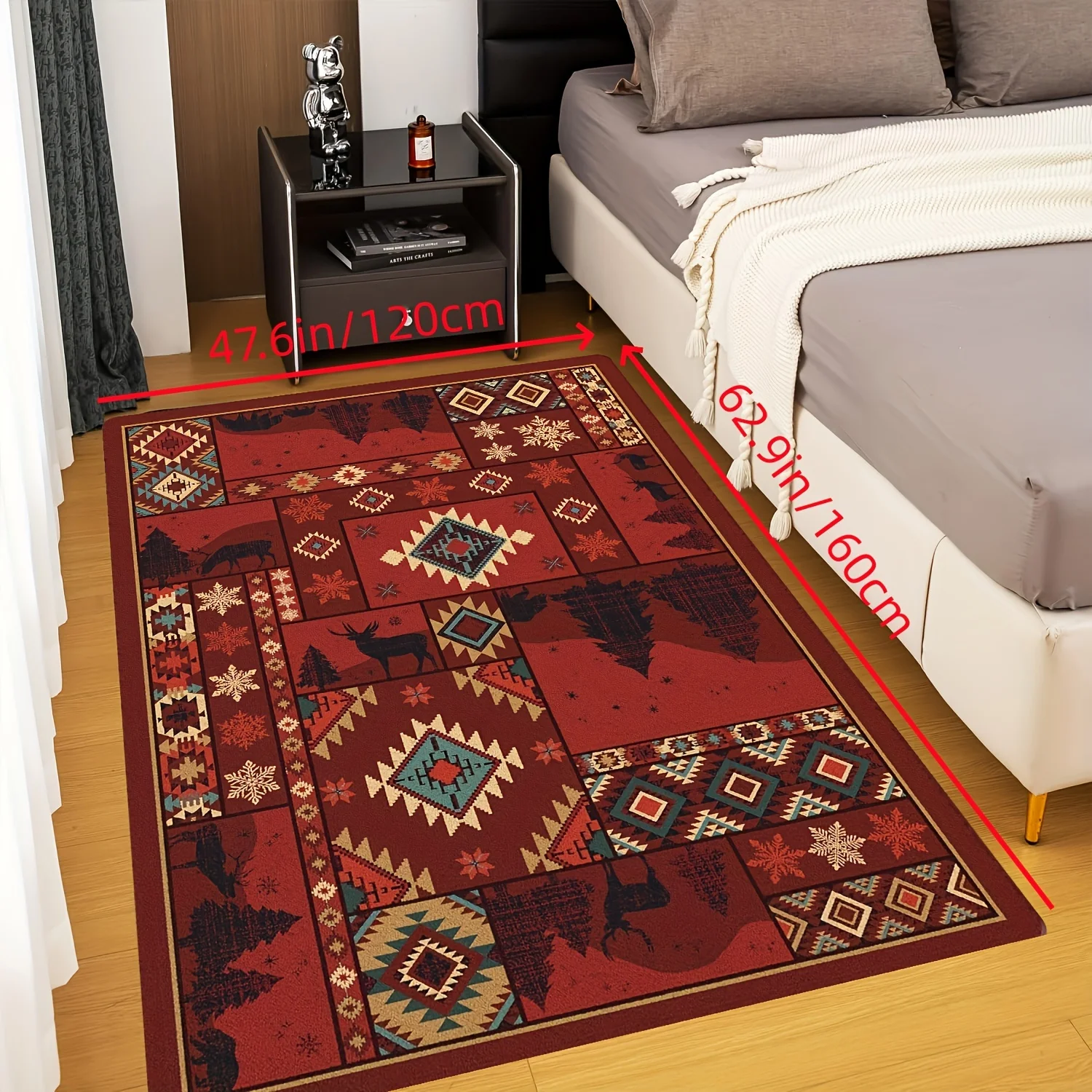 1pc Red Festive Area Rug Bohemian Style Living Room Floor Mat Machine Washable Carpet For Dining Room Bedroom Home Decor