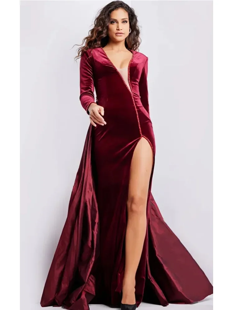 Borgonha veludo vestido de noite profundo v-mangas compridas sereia vestido de festa sexy alta fenda saia vestido de baile vestdos de fiesta personalizado