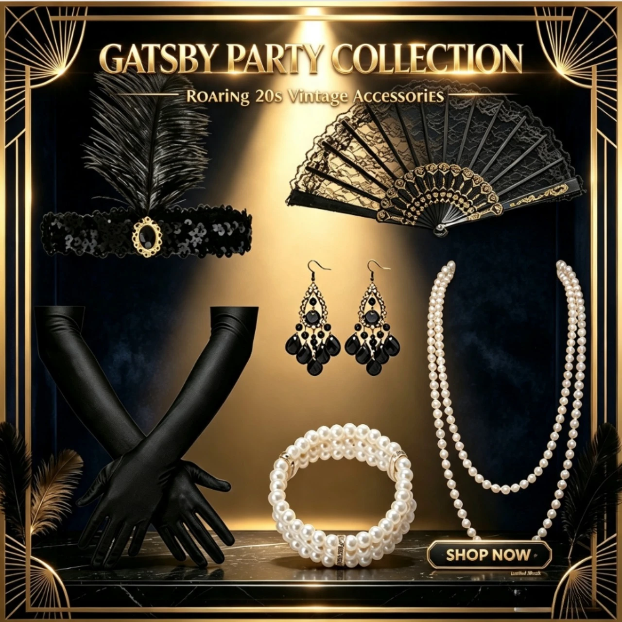 PESENAR 1920s Flapper Costume Accessories Set Gatsby Party Feather Headband Gloves Fan Pearl Jewelry for Women Evening Prom