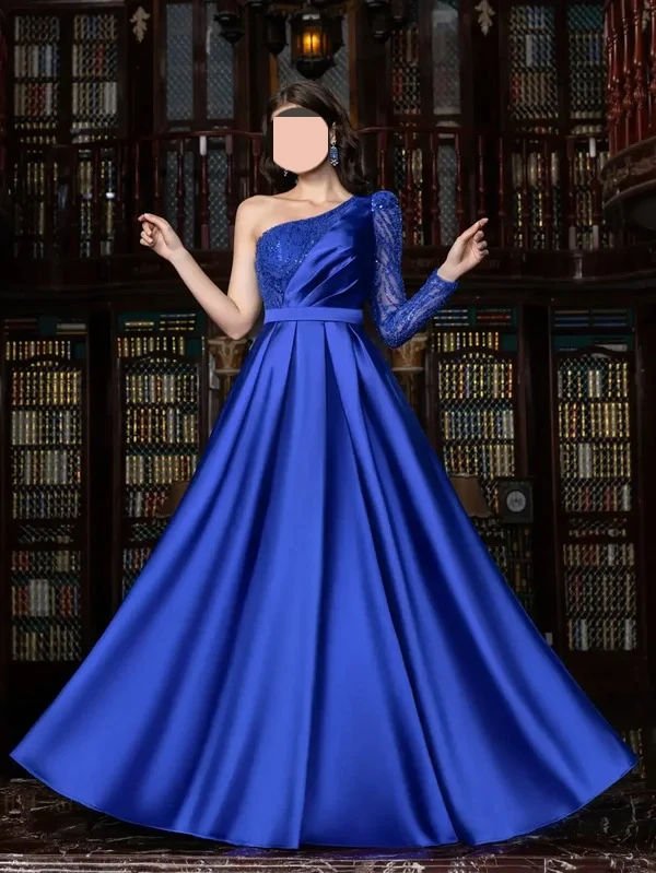 Customized Exquisite Charmeuse Lace Sequined Sash Pleat Draped A-line One-shoulder Long Dresses Evening Dresses Sizes Available