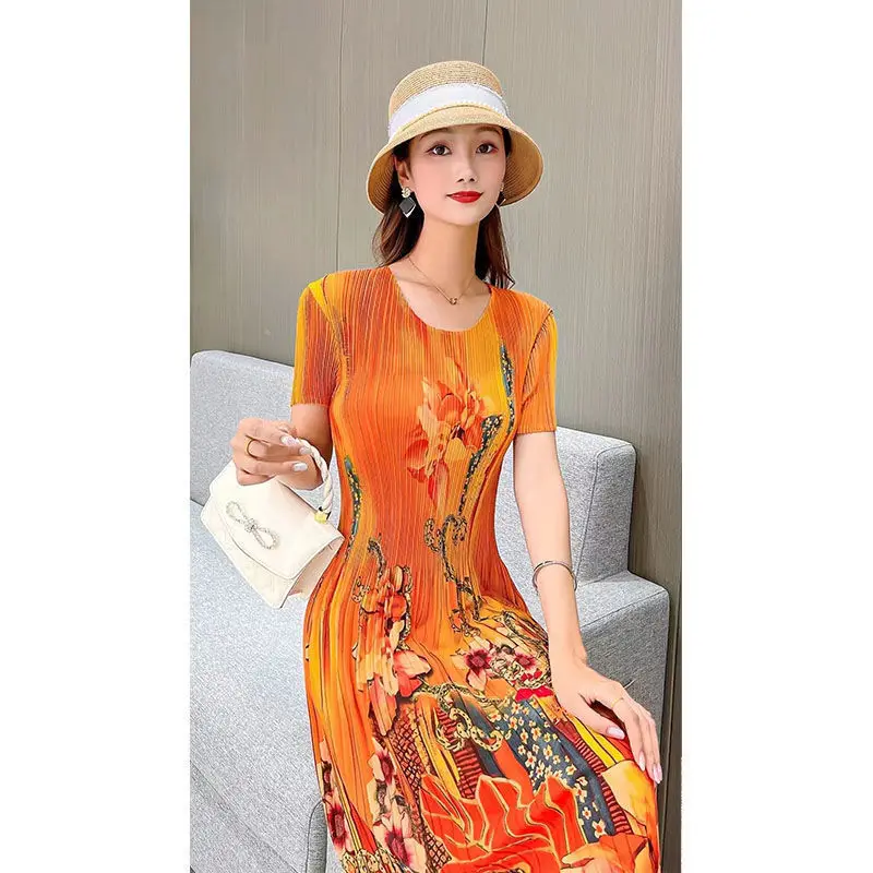 

Fashion covered belly thin short sleeve stretch a-line skirt printed pleated new dress women summer round neck dress female