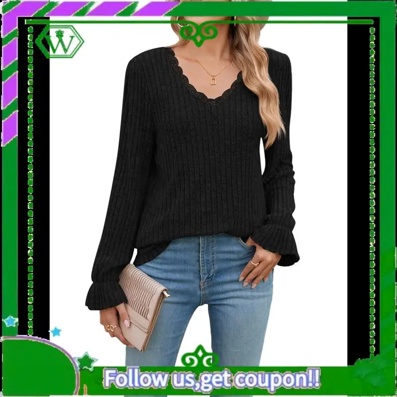 A18P-Long Sleeve Tops For Women Loose Fit Dressy Lace V Neck Casual Trendy Tops To Wear With Leggings Fall Fashion