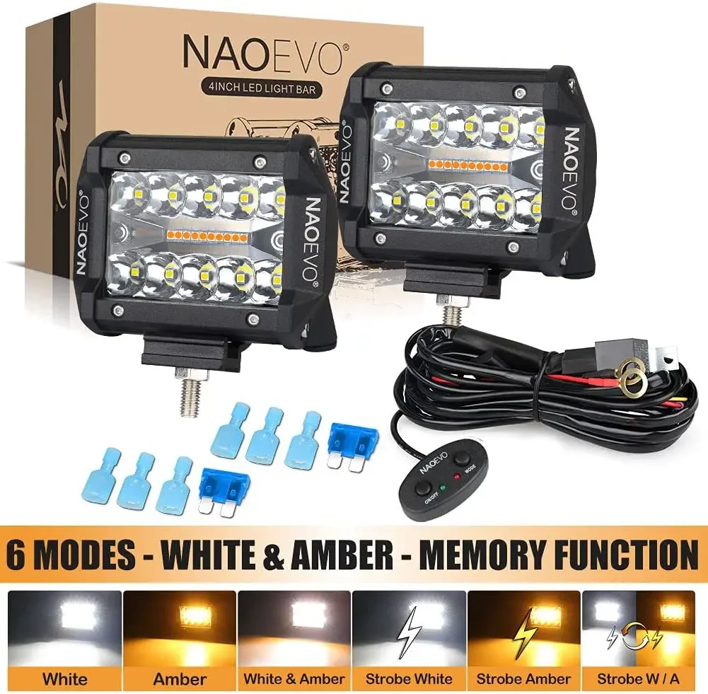 NAOEVO 4x4 Off Road LED Light Bar Pods 4inch 120W 12V 24V 6 Modes Fog Driving LED Work Light For Auto ATV Motorcycle Truck Jeep