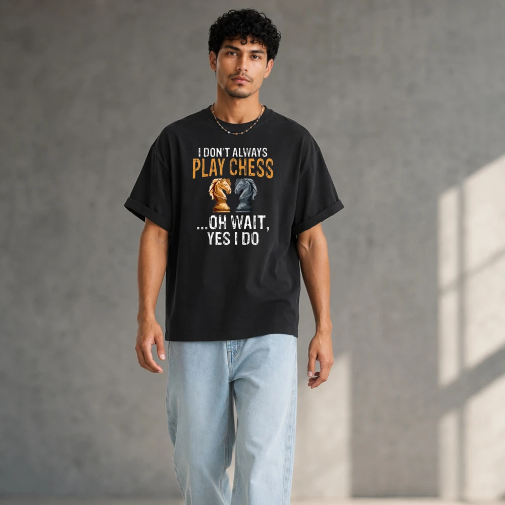 Funny I Don't Always Play Chess Graphic T Shirt Men Pure Cotton Crew Casual Streetwear Tee Chess Knight Pattern Daily Outfit Top