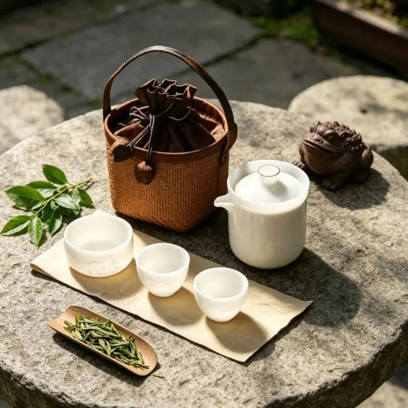 White Porcelain Travel Tea Set, One Pot and Three Cups, High-looking Portable Storage Bag, Quick Cup, Out-going Teapot Gift Set