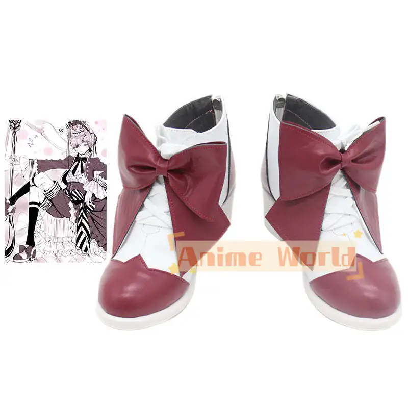 Black Butler Ciel Phantomhive Red Dress Tea Cup Illustration Cosplay Shoes Halloween Carnival Boots Custom Made