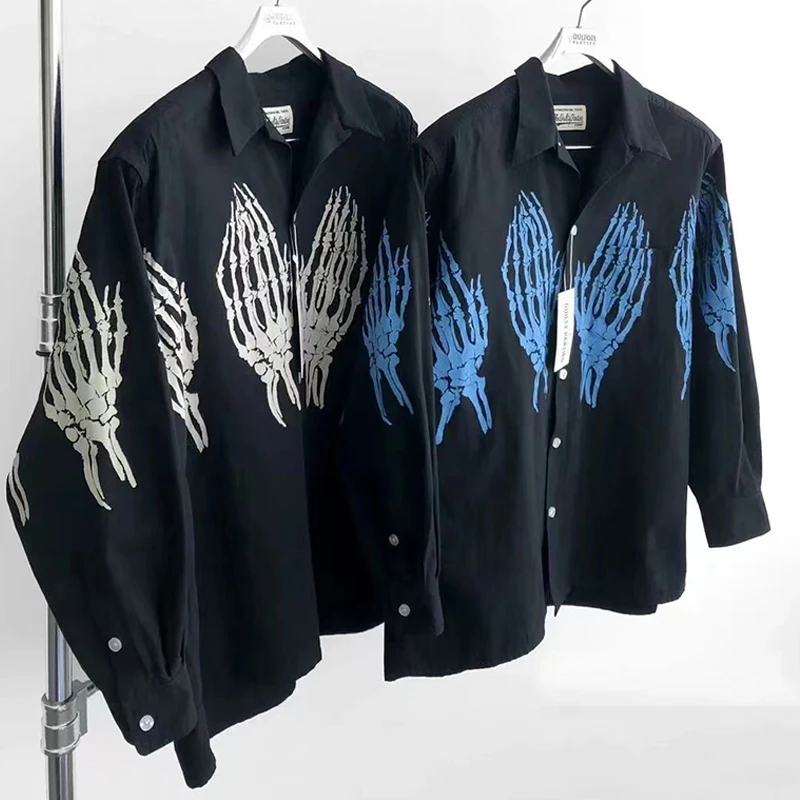 

New Hawaii Beach Shirt Men Woman Good Quality Skull Ghost Claw Printing Casual Lapel Long Sleeve Tops Tee