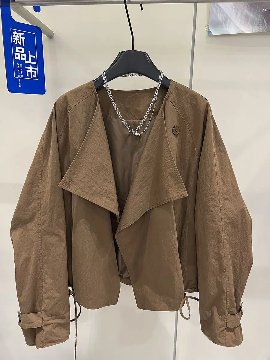 Women Collar Shirt Long Sleeve Open Cardigan Short Thin  Spring Autumn New Light Brown Windbreaker Coat Top