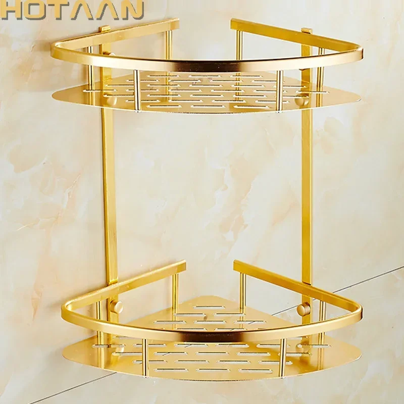 . Wall Mounted Gold Color aluminum Bathroom Shower shampoo Shelf  Basket Holder Fashion Double Layer HYT-7026