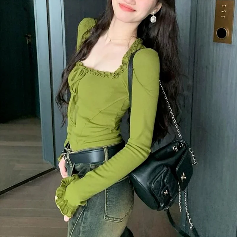 ساحة الرقبة مطوي مثير قمم عارضة الخريف ضئيلة طويلة الأكمام تي شيرت للنساء Ins الأزياء المحاصيل الأعلى