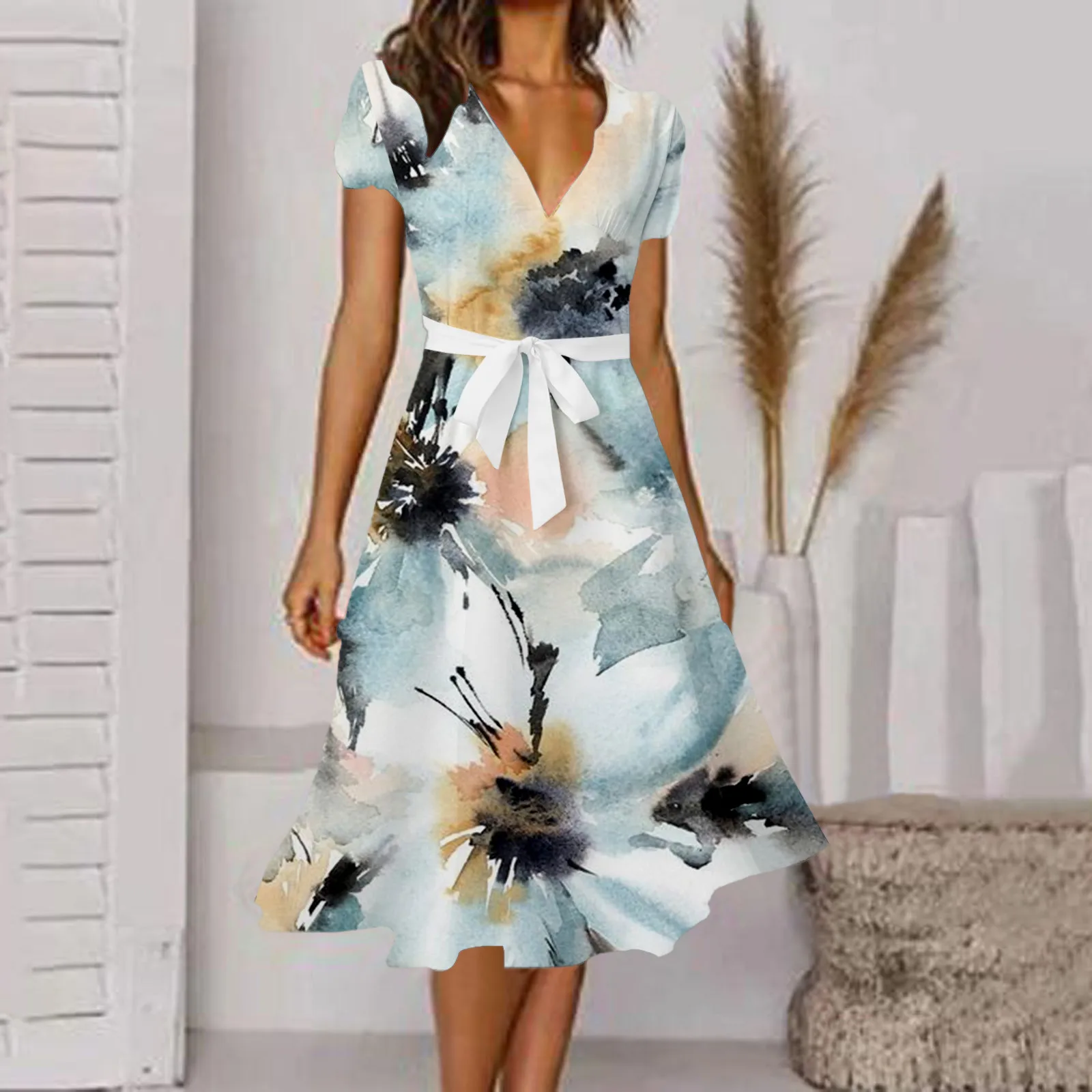 

Women's Robe Dress Feather Print Short Sleeve Summer Boho Prom Long Dress Women Casual Loose V Neck Slim Sun Dress Vestidos 2023