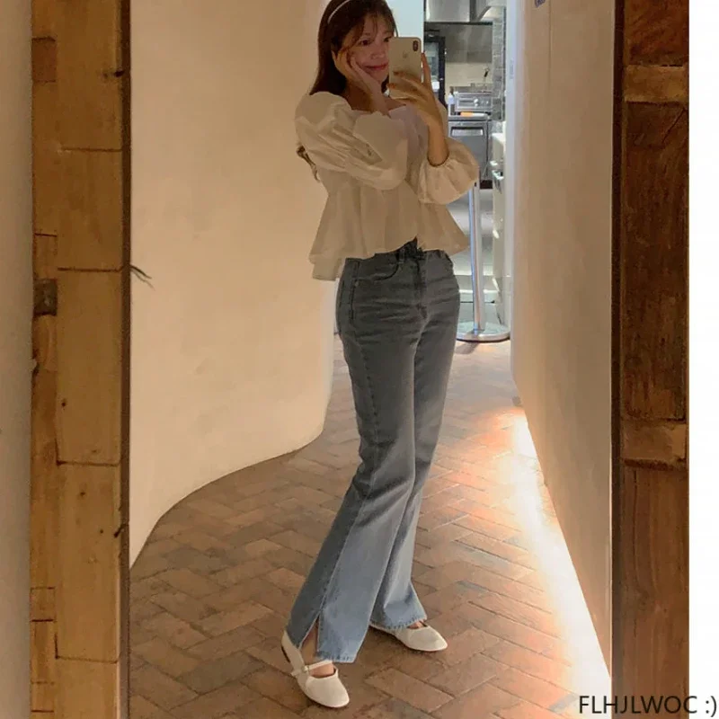 Chic Korea Vierkante Hals Tops Blusas Vrouwen 2025, Lente Leuke Japan Meisjes Effen Kleur Wit Een Lijn Buik Peplum Korte Shirts Blouses