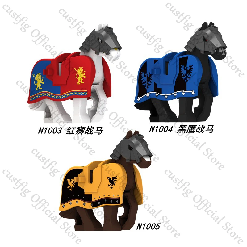 MOC – figurines d'action de cavalerie militaire médiévale, blocs de construction d'animaux de cheval de guerre, chevalier de Rome, guerrier, armes, briques, jouet pour enfants, cadeaux